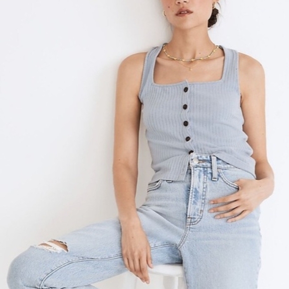 Madewell Blue Ribbed Button-Down Tank Top - Picture 2 of 8